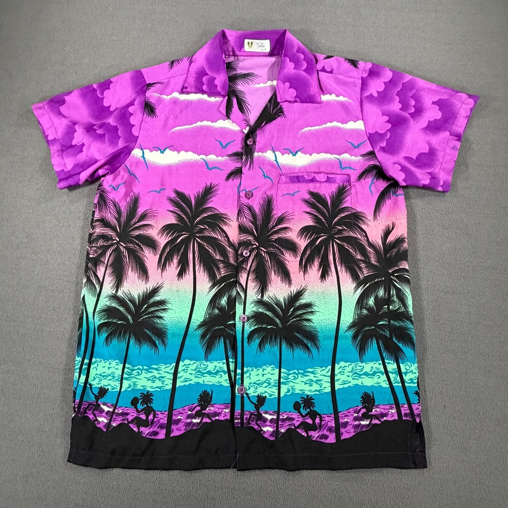V.H.O. Mens Medium Hawaiian Shirt Purple Pink Sunset Palm Tree Tropical 1055